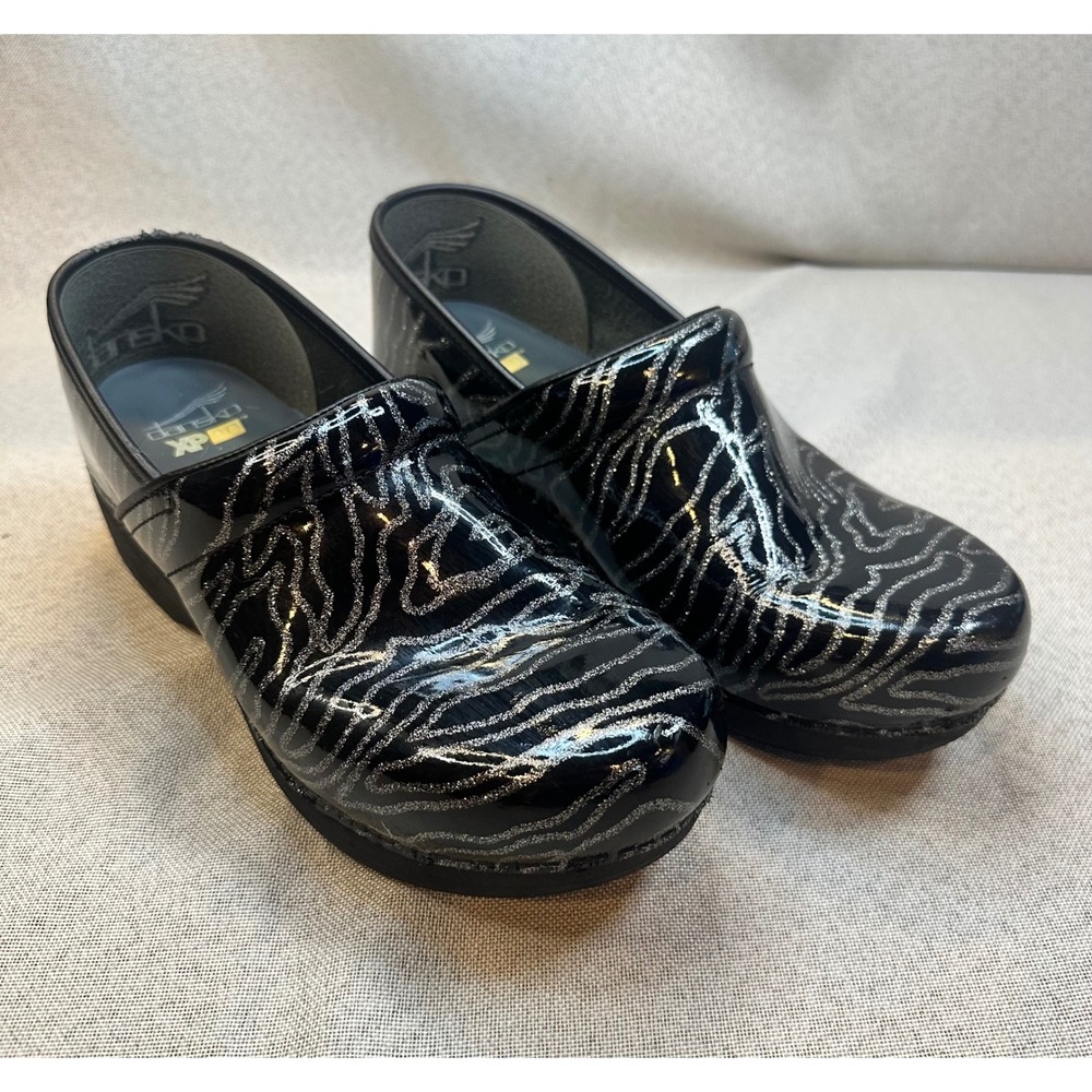 Dansko XP 2.0 Black Patent Silver Glitter Zebra Clogs Professional Shoes 41